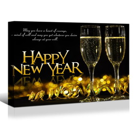 Framed Canvas Wall Art Decor Painting for New Year, Golden Happy New Year Bless Champagne Gift Painting for New Year Gift, Chrismas Eve, Multicolor W2060P145724