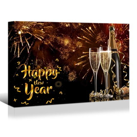 Framed Canvas Wall Art Decor Painting for New Year, Golden Happy New Year Bless Champagne Gift Painting for New Year Gift, Decoration for Chrismas Eve Office Living Room, Bedroom Decor-Ready to Hang