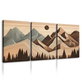 3 Panels Framed Abstract Wood Grain Boho Style Mountain & Forest Canvas Wall Art Decor, 3 Pieces Mordern Canvas Decoration Painting for Office, Dining room, Bedroom Decor-Ready to Hang W2060P155394