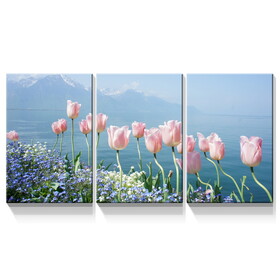 3 Panels Framed Pink Tulip Beside Sea Canvas Wall Art Decor,3 Pieces Mordern Canvas Decoration Painting for Office,Dining room,Living room, Bedroom Decor-Ready to Hang