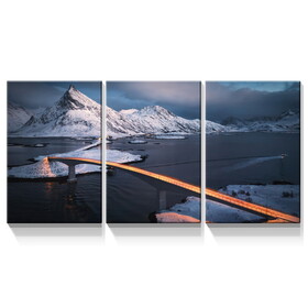 3 Panels Framed Bridge Above Ice Sea Canvas Wall Art Decor,3 Pieces Mordern Canvas Decoration Painting for Office,Dining room,Living room, Bedroom Decor-Ready to Hang