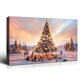 Framed Canvas Wall Art Decor Painting for Chrismas, Lighted Pine Tree at Night Chrismas Painting for Chrismas Gift, Decoration for Chrismas Eve Living Room, Bedroom Decor-3624in-Thickness 1.5in