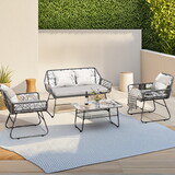4-piece wicker patio furniture set with tempered glass table, detachable grey cushion cover for easy cleaning,Suitable for backyard, balcony, etc