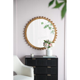 D34" Wood Round Mirror with Beaded Frame, Circle Wall Mirror for Living Room Bedroom Entryway