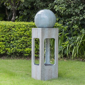 13x13x44" Tall Contemporary Sphere Outdoor Water Fountain, Cement/Concrete Outdoor Fountain, Antique Blue Raindrop Water Feature with Light for Garden, Lawn, Deck & Patio W2078125225