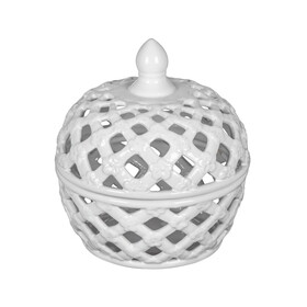 D8x9.5" White Ceramic Lidded Jar with Lattice Design W2078P163732