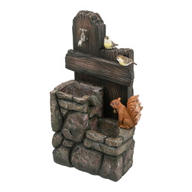 15x14.1x26.4" Decorative Two-Tiered Water Fountain with Woodland Animal Design, Outdoor Fountain with Light and Pump