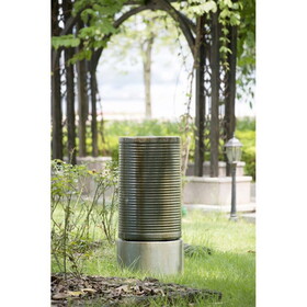 44" Tall Large Modern Cylinder Ribbed Tower Water Fountain, Contemporary Antique Finish Outdoor Bird Bath Concrete Fountain