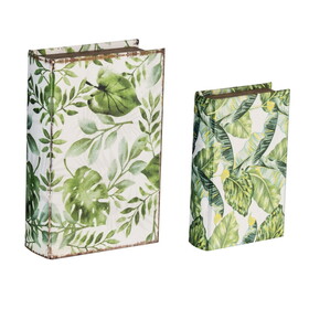 Set of 2 Botanical Green and White Book Boxes, L:11x7x3" S:8x5x2"