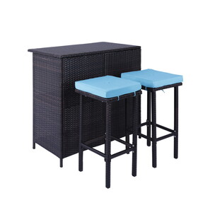 3-Piece Patio Outdoor Conversation Bar Set of 1Table and 2Stools,All Weather PE Rattan and Steel Frame Furniture with Removable Cushions for Outside Backyards,Porches,Gardens or Poolside(Brown+Blue)