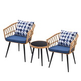 3 Piece Patio Bistro Set with Side Table, Outdoor PE Rattan Conversation Chair Set,Furniture of Coffee Table with Glass Top,Cushions & Lumbar Pillows for Garden,Backyard,Balcony or Poolside(Blue)