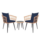 3 Piece Patio Bistro Set with Side Table, Outdoor PE Rattan Conversation Chair Set, Furniture of Coffee Table with Glass Top, Cushions & Lumbar Pillows (Dark Blue) W2099P146294