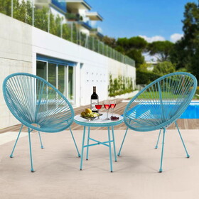 3 Piece Patio Bistro Conversation Set with Side Table, Acapulco All-Weather PE Rattan Chair Set, Flexible Rope Furniture Outdoor with Coffee Table (Blue) W2099P169608