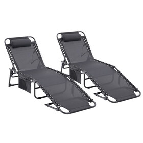 Folding Textilene Waterproof Patio Chaise Lounge Chair,Outdoor Adjustable and Reclining Tanning Chair with Pillow and Side Pocket for Lawn,Beach,Pool,Portable Camping and Sunbathing(2 Pieces,Black)