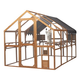 Super Large Cat Run House Outdoor,Luxury Cat Cage,Multiple Zones for Pets' Walking and Recreation in Wooden Catio Enclosure Patio with Bouncy Bridge,Platforms,Seating and Sunshine Panel W2099S00002