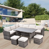 Outdoor Patio Furniture Set,7 Pieces Outdoor Sectional Conversation Sofa with Dining Table,Chairs and Ottomans,All Weather PE Rattan and Steel Frame,with Backrest and Removable Cushions(Grey+Beige)
