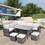 Outdoor Patio Furniture Set,7 Pieces Outdoor Sectional Conversation Sofa with Dining Table,Chairs and Ottomans,All Weather PE Rattan and Steel Frame,with Backrest and Removable Cushions(Grey+Beige)
