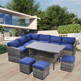 Outdoor Patio Furniture Set,7 Pieces Outdoor Sectional Conversation Sofa with Dining Table,Chairs and Ottomans,All Weather PE Rattan and Steel Frame,with Backrest and Removable Cushions(Grey+Blue)