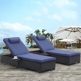 Outdoor Patio Chaise Lounge Chair, Lying in bed with PE Rattan, Steel Frame, PE Wickers, Pool Recliners with Elegant Reclining Adjustable Backrest, Removable Cushions Sets of 2 (Black+Navy Blue)