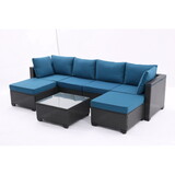 7 Pieces Outdoor Patio Furniture Set, Sectional Conversation Sofa of Corner Chairs, Ottomans, Glass Top Table, All Weather PE Rattan, Steel Frame with Removable Cushions (Coffee+Peacock blue)