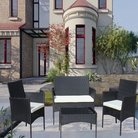 4 PC Rattan Patio Furniture Set Outdoor Patio Cushioned Seat Wicker Sofa (Beige Cushion) W209P149123