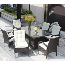 Patio 7-Piece Rectangular Dining Set with 6 Dining Chairs (Brown &Beige Cushion ) W209S00011