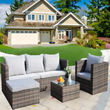 Outdoor Garden Patio Furniture 4-Piece PE Rattan Wicker Cushioned Sofa Sets and Coffee Table, patio furniture set;outdoor couch(shallow Grey Cushion) W209S00020