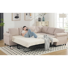 Sleeper Sofa, 2 in 1 Pull Out Couch Bed,6 seater sofa bed, L Shaped Sleeper Sectional Sofa Couch,Riveted sofa,104" Large combined sofa Bed in living room, Beige