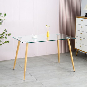 Mid Century Tempered Glass Kitchen Table with Wood-Transfer Metal Legs