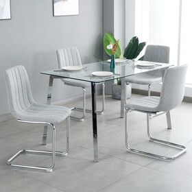 Table and chair set, one table and four chairs. Clear tempered glass table top, 0.3 feet thick, silver metal legs. Bow chair with electroplated metal legs. W210S00042