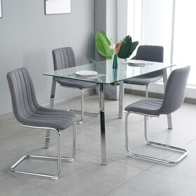 51.1" Table and chair set, one table and four chairs. Clear tempered glass table top, 0.3" thick, silver metal legs. fabric chair with electroplated metal legs. W210S00043