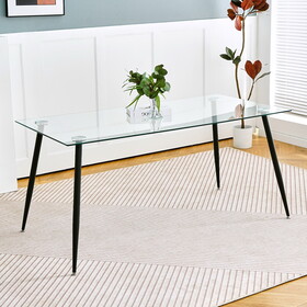 Modern Kitchen Glass dining table 63" Rectangular Tempered Glass Table top,Clear Dining Table Metal Legs, Black legs(set of 1) W210S00071