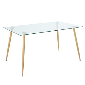 Modern Kitchen Glass dining table 63" Rectangular Tempered Glass Table top, Clear Dining Table Metal Legs, wood grain legs W210S00071