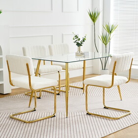Modern simple table and chair set, one table and four chairs. Transparent tempered glass top, gold-plated legs. Gold plated metal chair legs (set of 5) W210131939