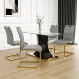 Modern style glass dining table, elegant transparent design, solid support base, grey dining chair set, gold-plated chair legs, suitable for restaurant kitchen use (set of 5)