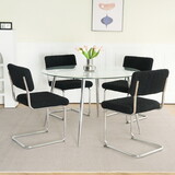 Modern simple table and chair set with a glass round table and four chairs. Transparent tempered glass table top, electroplated table legs, bow chair legs (set of 5)