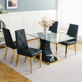 Modern style glass dining table, elegant transparent design, solid support base, black dining chair set, gold-plated chair legs, suitable for restaurant kitchens (set of 5)