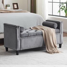 Storage Bench, 44.5-inch Queen Velvet Button Bedside Bench, Entryway Living Room with Armrests, Nailhead Trim, Upholstered Bedroom Bench, Bedside Ottoman, Living Room, Entryway, Gray W2113P181620