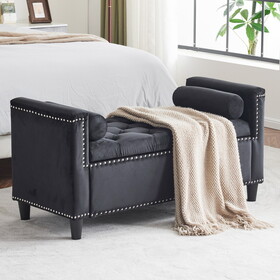 Storage Bench, 44.5-inch Queen Velvet Button Bedside Bench, Entryway Living Room with Armrests, Nailhead Trim, Upholstered Bedroom Bench, Bedside Ottoman, Living Room, Entryway, Black W2113P181621