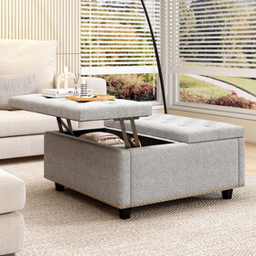 Cotton linen Square Chair with Storage Large Square Ottoman with Storage Double Door Storage Footstool, Mid-Century Modern Coffee Table for Living Room Nailhead TrimLight Grey W2113P182633