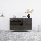 High Glossy Surface 6 Drawers Chest of Drawer with Golden Handle and Golden Steel Legs Black Color Vanity W2139134916