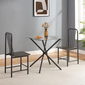 Dining Set for 2, Squre Glass Dining Table with 4 Legs and 2 Metal Chair for Home Office Kitchen Dining Room, Black & Brown W2167131146