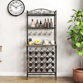 Industrial Wine Rack Bar Table, 3-Tier Liquor Bottle and Glass Holder with Storage Shelves, Metal and Wood Wine Organizer for Home Kitchen, Dining Room, and Living Room W2167P202388