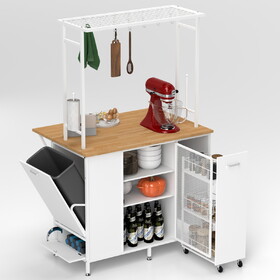 Kitchen Island with Storage Space, Breakfast Bar with Folding Flip-Up Panel, Large Storage Cabinet Shelves and Drawers, Large Coffee Bar Table with Hooks, White W2167P210778