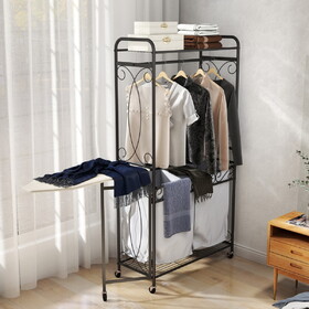 Multi-Functional Laundry Hamper Organizer with Hanging Rail and Storage Shelf - Rolling Laundry Cart with Wheels, Heavy Duty Metal Frame for Bathroom, Laundry Room, or Bedroom Organization