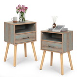 Set of 2 Mid Century Nightstand, Bedside Table with Solid Wood Legs, Open Storage Shelf, Drawer, Modern Side Table for Bedroom Living Room, Rustic Green W2181P144027