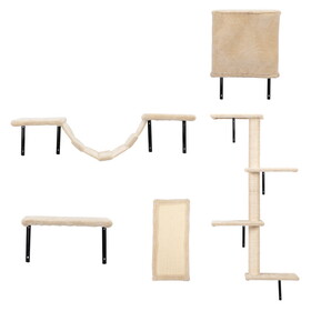 5 pcs Wall Mounted Cat Climber Set, Floating Cat Shelves and Perches, Cat Activity Tree with Scratching Posts, Modern Cat Furniture, Beige W2181P144416