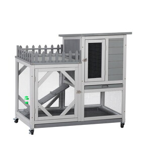 Large Rabbit Hutch, Wooden Bunny Cage with Casters, Fence, Trays, Water Bottle, Indoor and Outdoor Animal House for Rest and Run, Easy Clean, Gray W2181P146764
