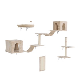 Wall-mounted Cat Tree, Cat Furniture with 2 Cat Condos House, 3 Cat Wall Shelves, 2 Ladder, 1 Cat Perch, Sisal Cat Scratching Posts and Pad W2181P153126