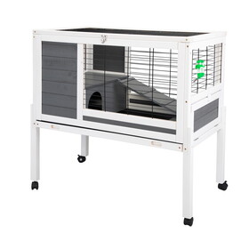 Wooden Rabbit Hutch with Wheels, Indoor/Outdoor Pet House with Pull Out Tray - Gray and White W2181P153133